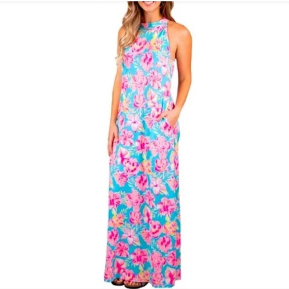 Simply Southern tropical Maxi Dress - Pink and Blue